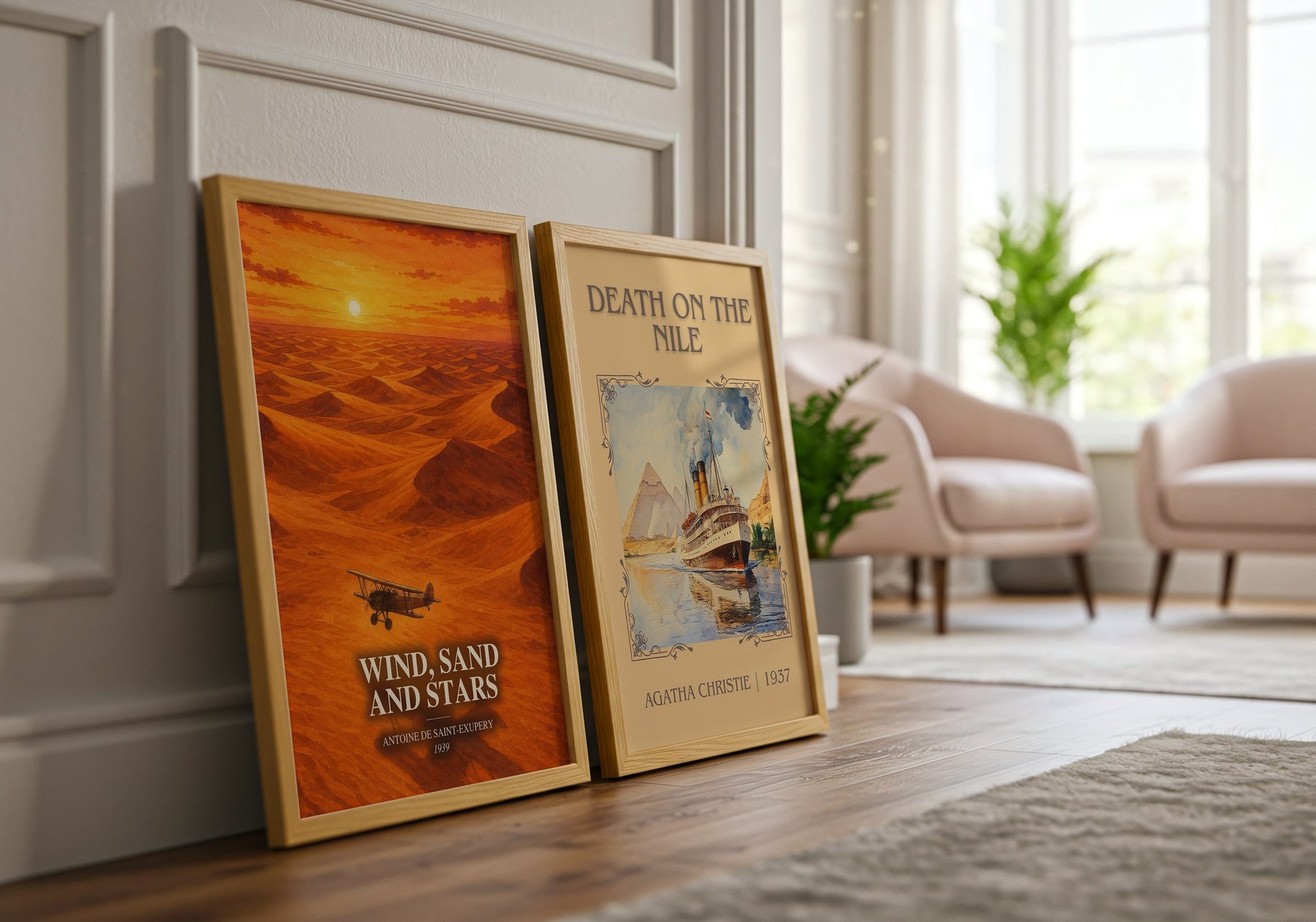 Wind, Sand And Stars watercolour print framed by window – literary home decor
