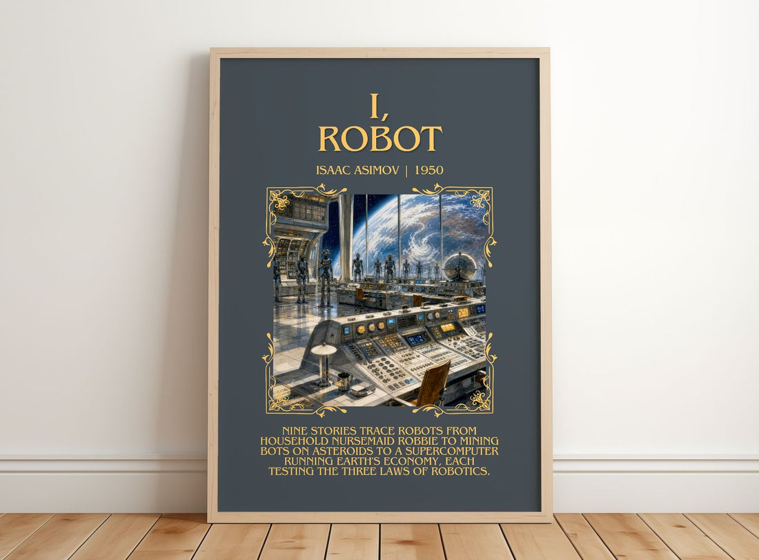 I, Robot Minimalist Book Poster by Isaac Asimov – framed print leaning on a wooden floor