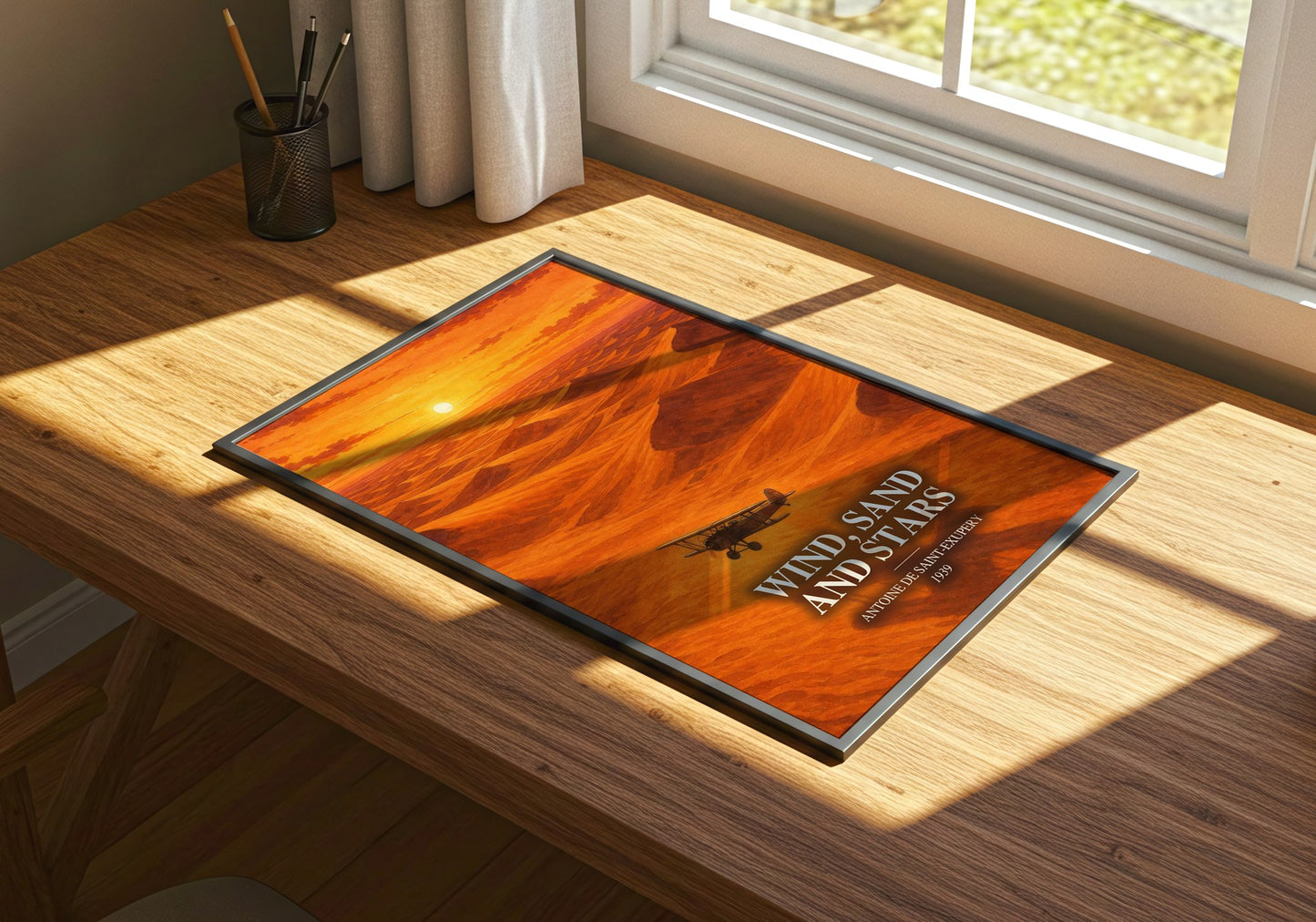 Wind, Sand And Stars watercolour book poster framed on wall – memoir wall art