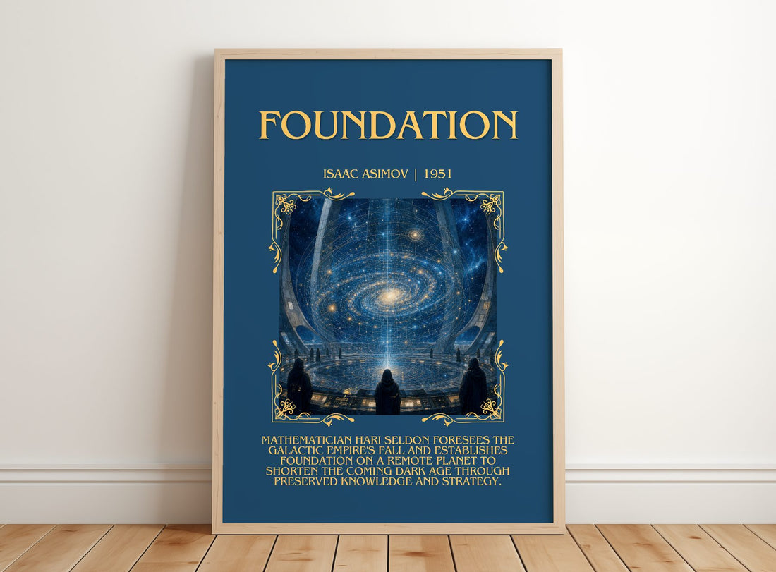 Foundation Minimalist Book Poster by Isaac Asimov – framed print leaning on a wooden floor