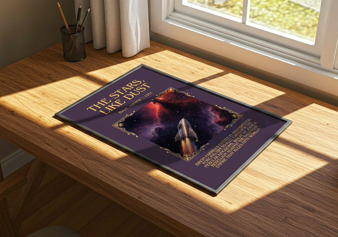 The Stars, Like Dust Minimalist Book Poster by Isaac Asimov – print on a sunlit desk