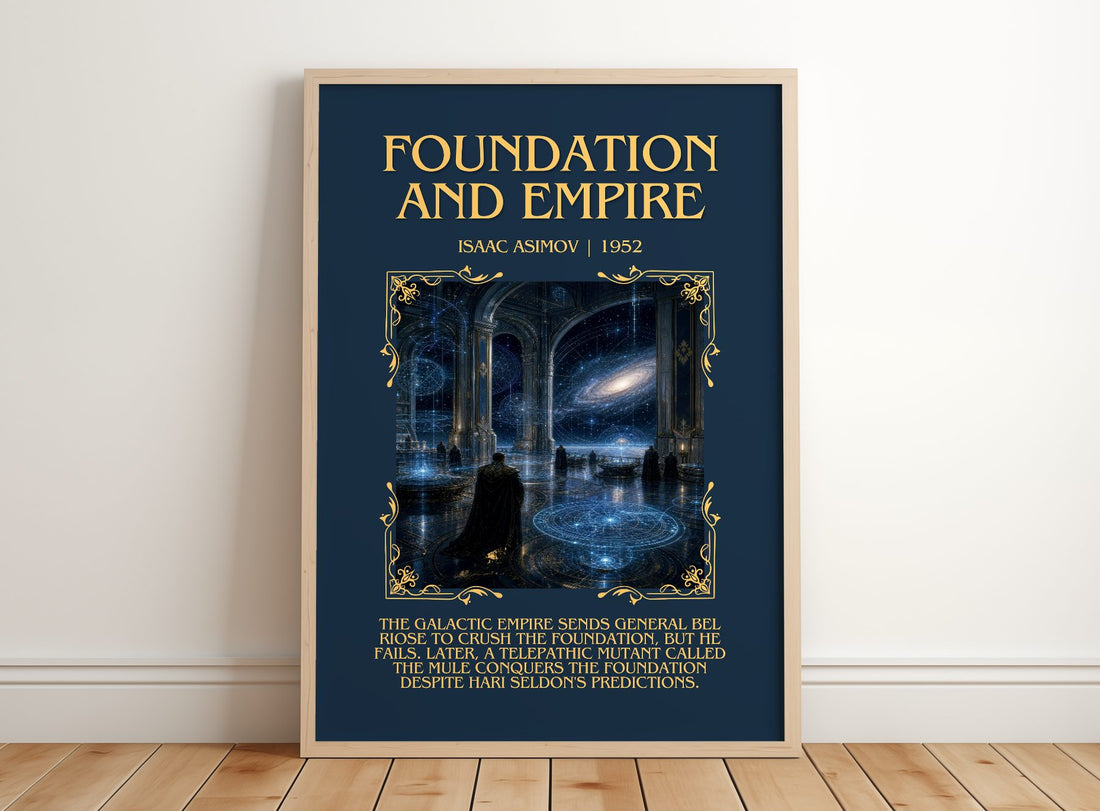 Foundation and Empire Minimalist Book Poster by Isaac Asimov – framed print leaning on a wooden floor
