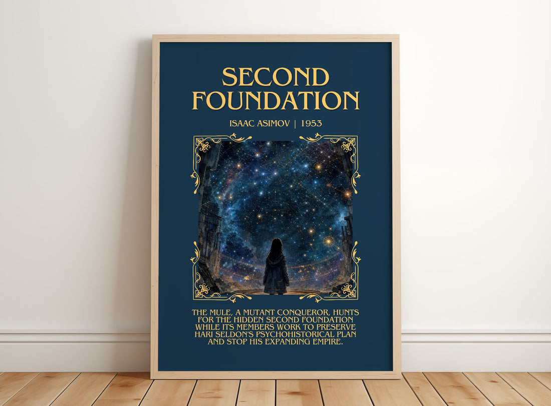 Second Foundation Minimalist Book Poster by Isaac Asimov – framed print leaning on a wooden floor