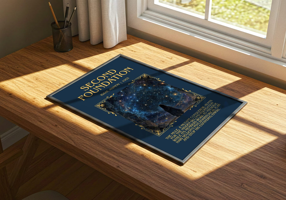 Second Foundation Minimalist Book Poster by Isaac Asimov – print on a sunlit desk