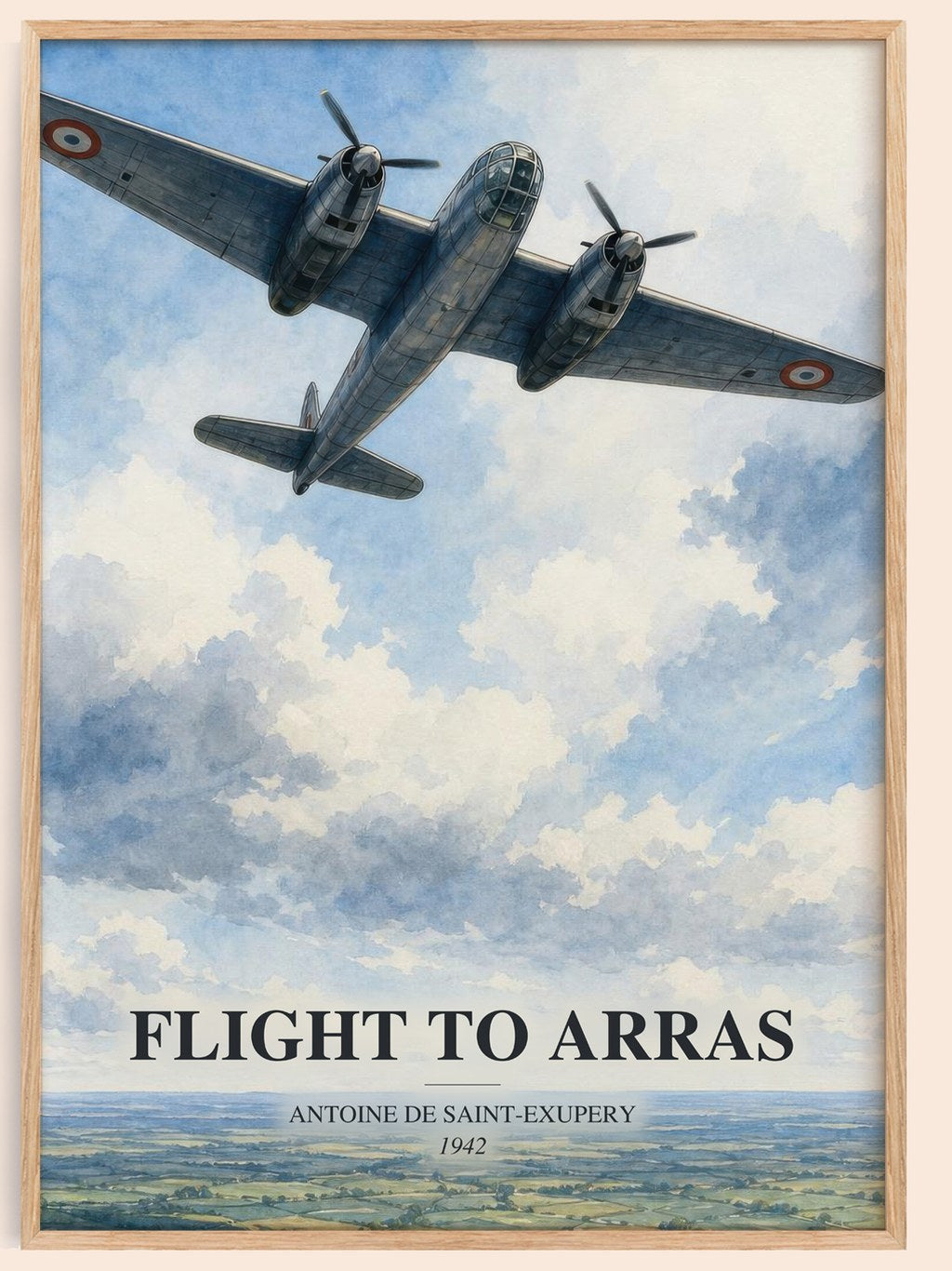 Flight To Arras watercolour book poster by Antoine De Saint-Exupery – framed literary art print