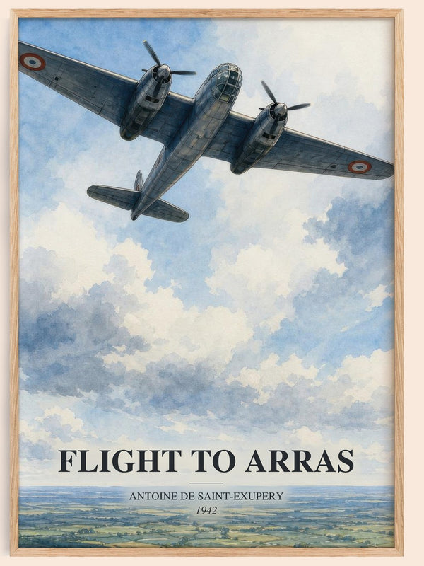 Flight To Arras watercolour book poster by Antoine De Saint-Exupery – framed literary art print