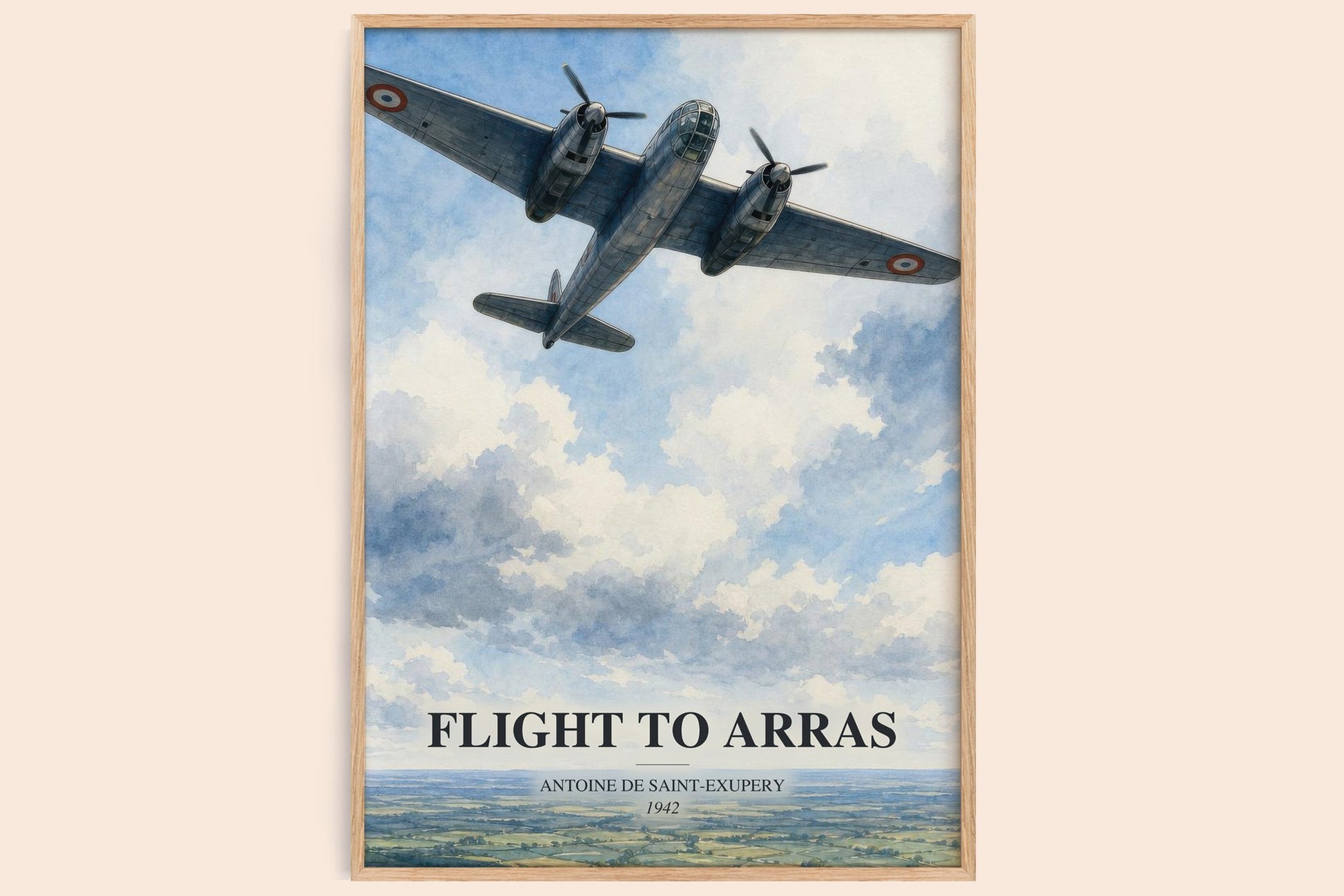 Flight To Arras watercolour book poster by Antoine De Saint-Exupery – framed literary art print