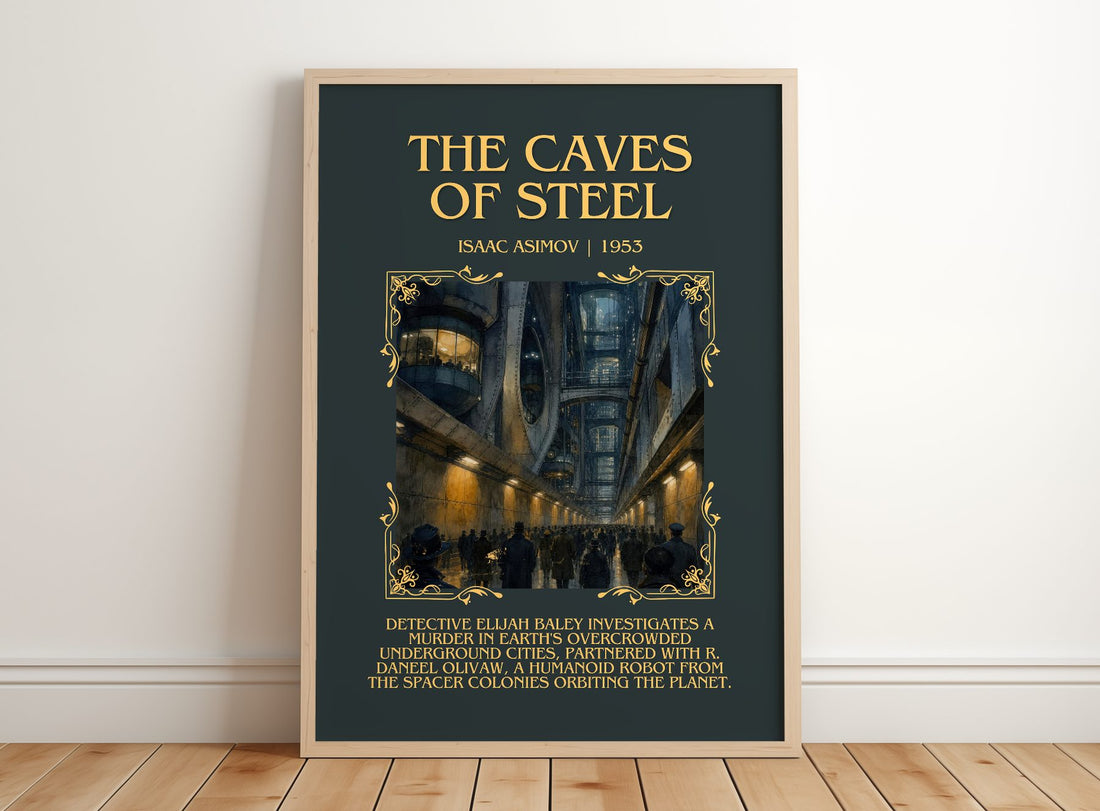 The Caves of Steel Minimalist Book Poster by Isaac Asimov – framed print leaning on a wooden floor