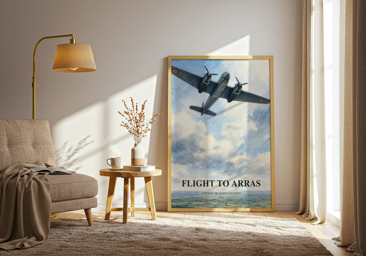 Flight To Arras watercolour print in frame leaning in hallway – memoir wall art