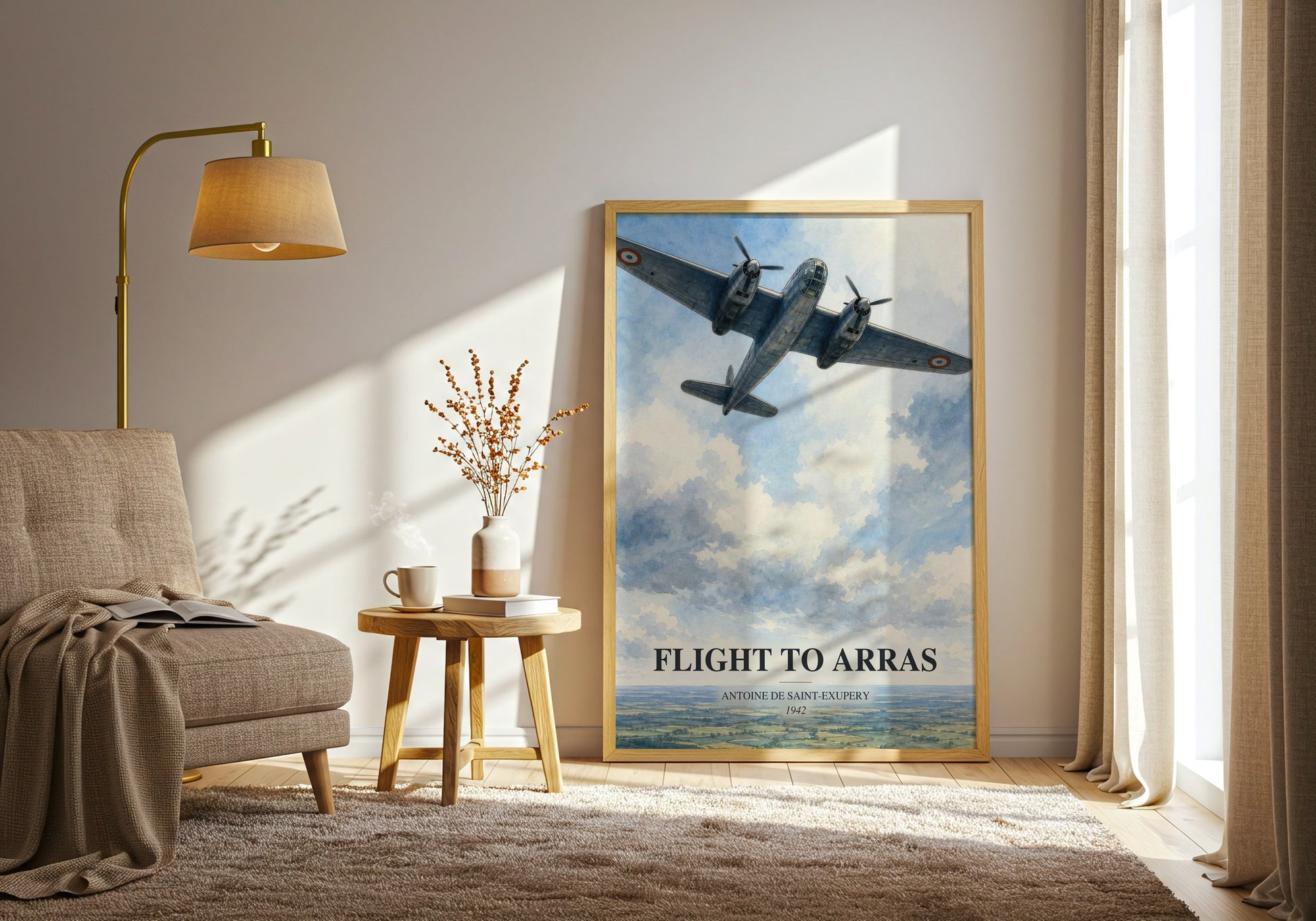 Flight To Arras watercolour print in frame leaning in hallway – memoir wall art