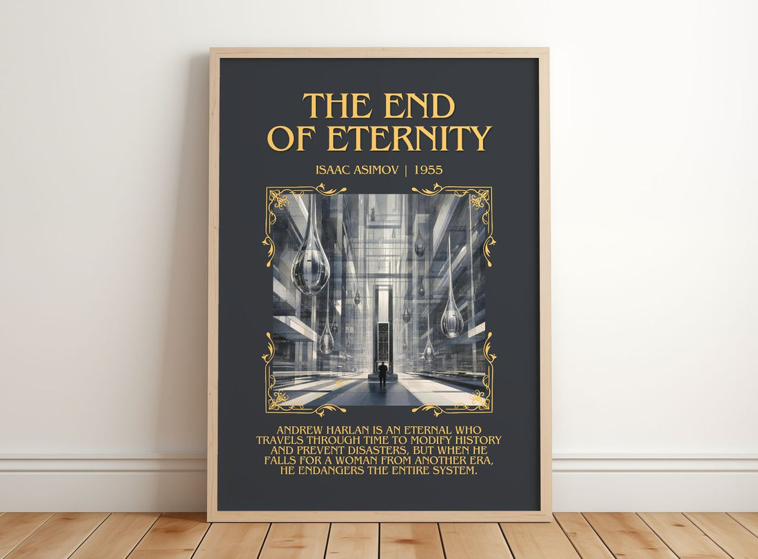 The End of Eternity Minimalist Book Poster by Isaac Asimov – framed print leaning on a wooden floor