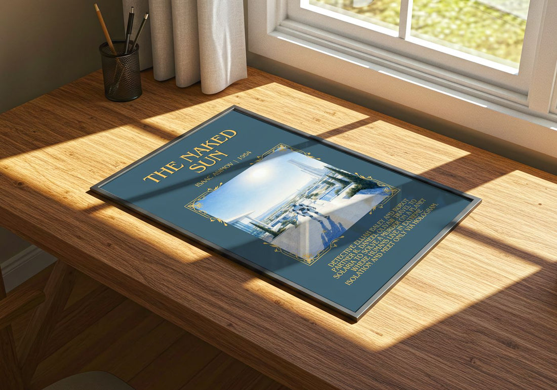 The Naked Sun Minimalist Book Poster by Isaac Asimov – print on a sunlit desk