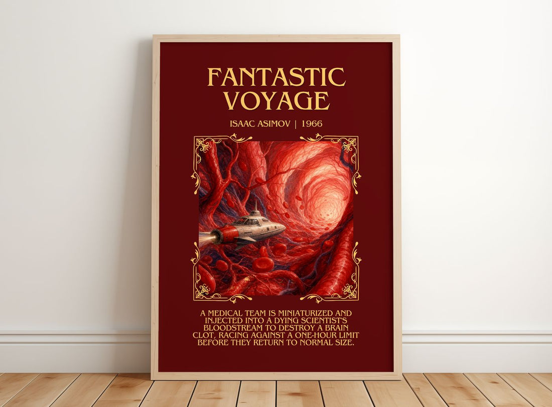 Fantastic Voyage Minimalist Book Poster by Isaac Asimov – framed print leaning on a wooden floor