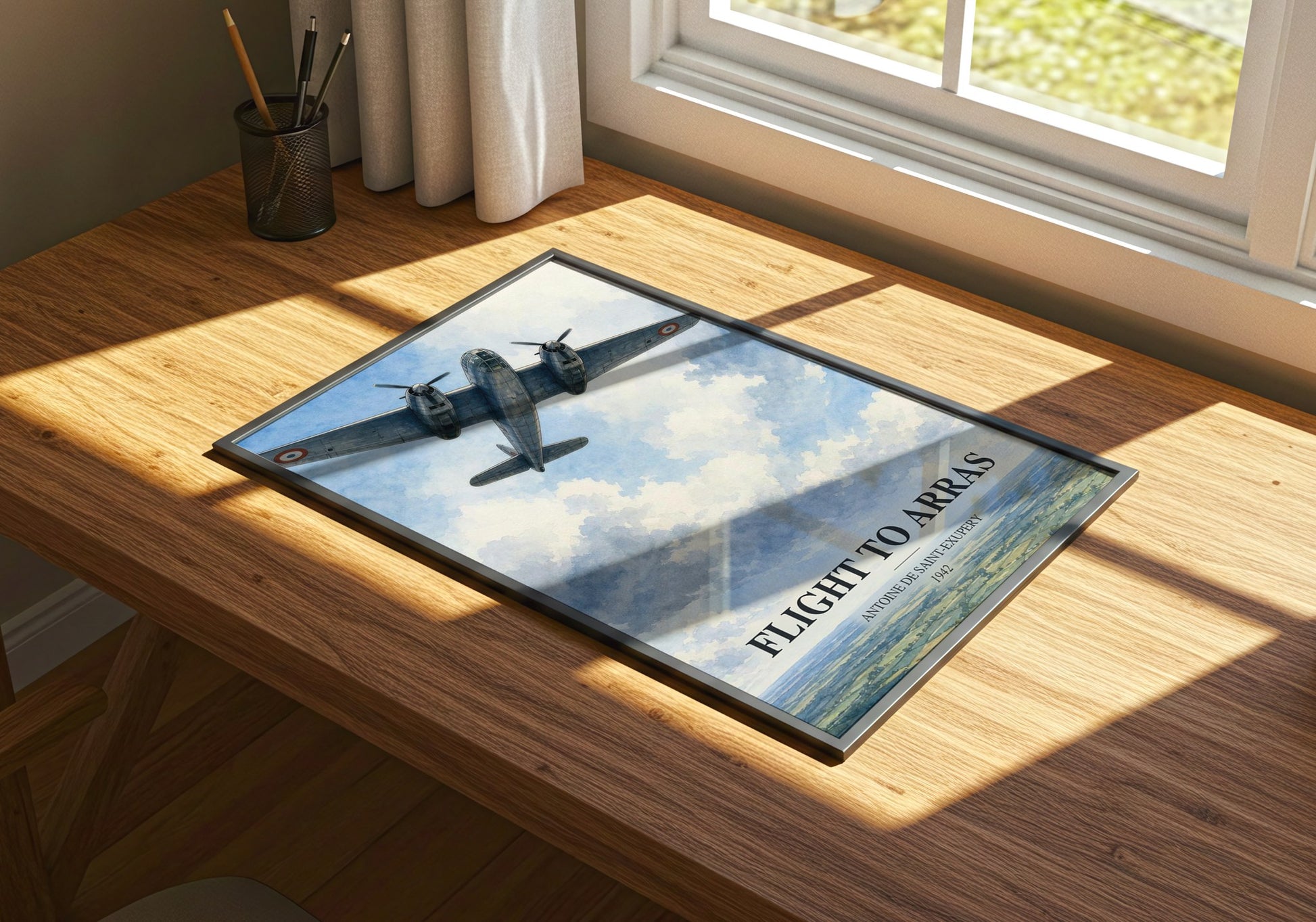 Flight To Arras watercolour book poster framed on wall – memoir wall art