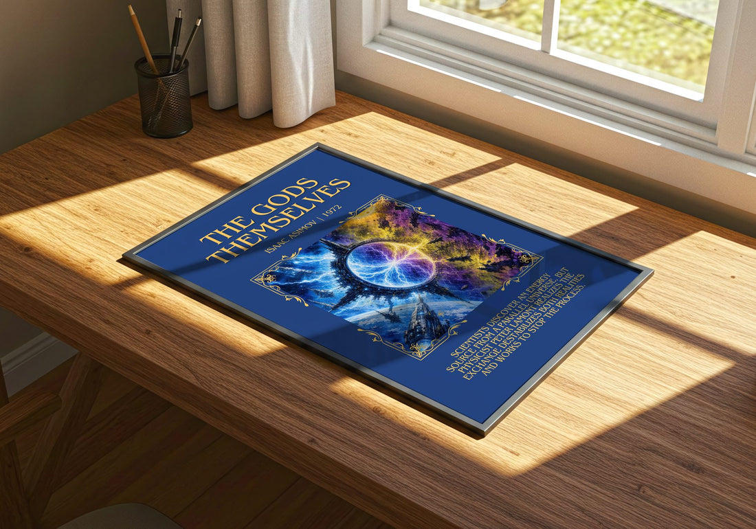 The Gods Themselves Minimalist Book Poster by Isaac Asimov – print on a sunlit desk