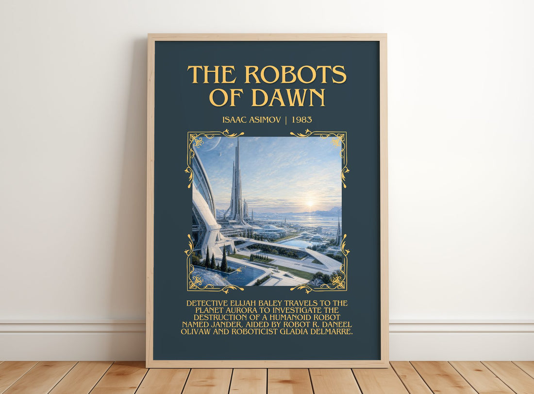 The Robots of Dawn Minimalist Book Poster by Isaac Asimov – framed print leaning on a wooden floor