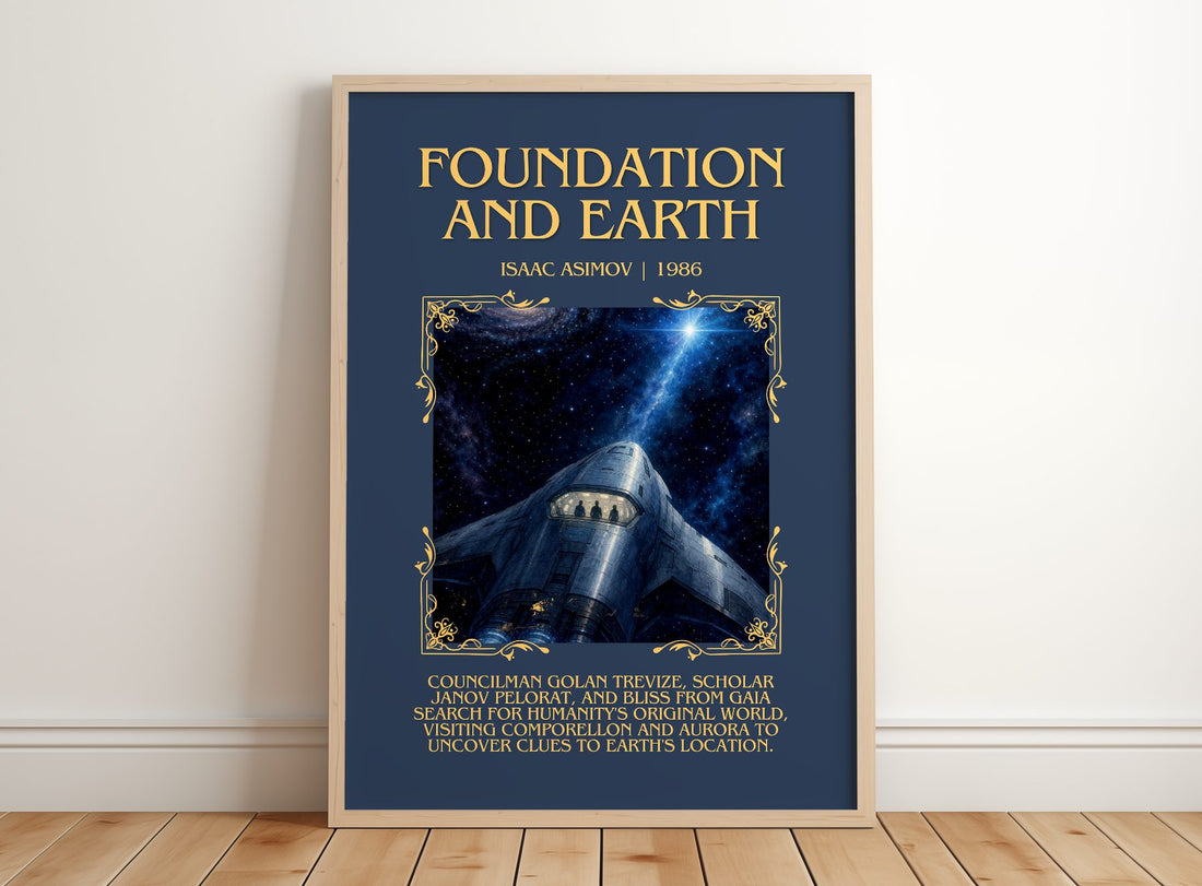 Foundation and Earth Minimalist Book Poster by Isaac Asimov – framed print leaning on a wooden floor