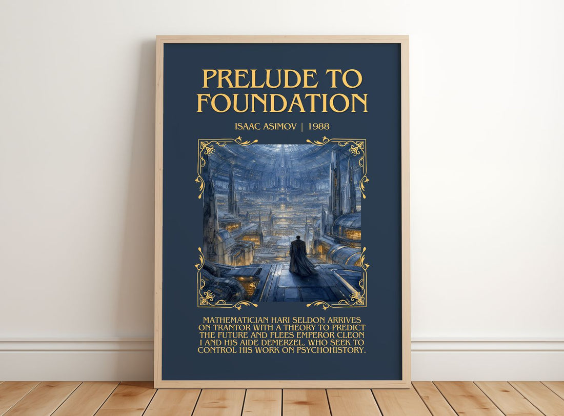 Prelude to Foundation Minimalist Book Poster by Isaac Asimov – framed print leaning on a wooden floor