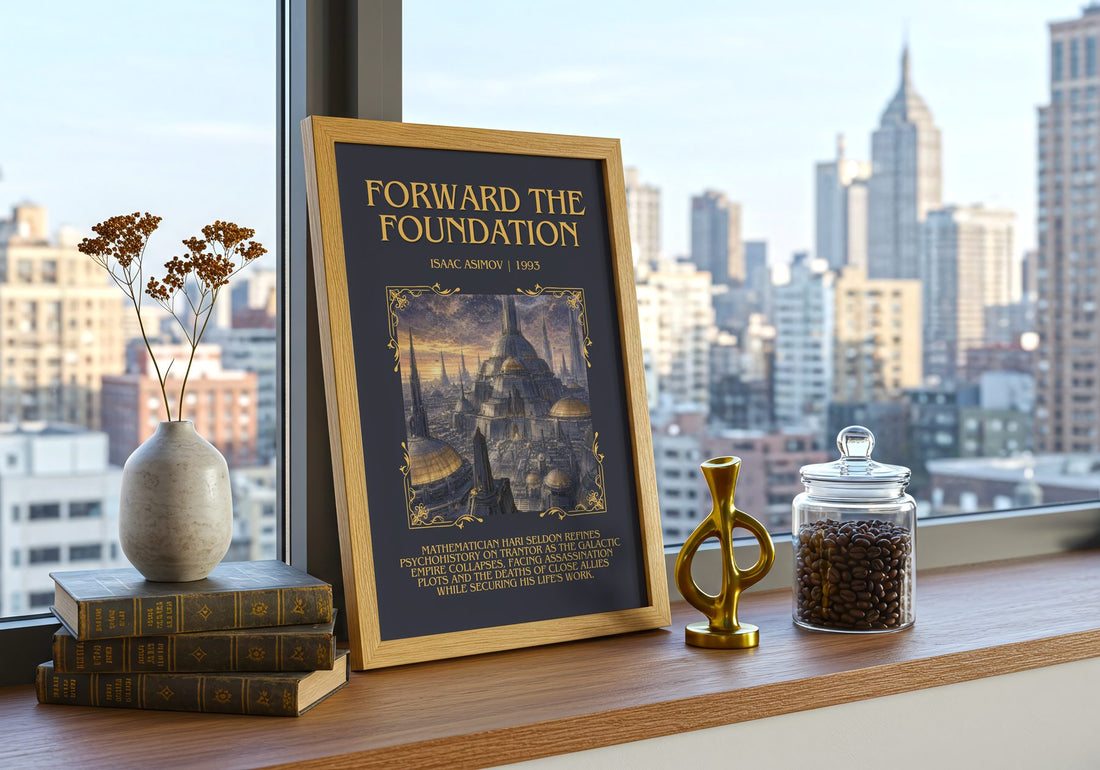 Forward the Foundation Minimalist Book Poster by Isaac Asimov – framed print on a city-view windowsill