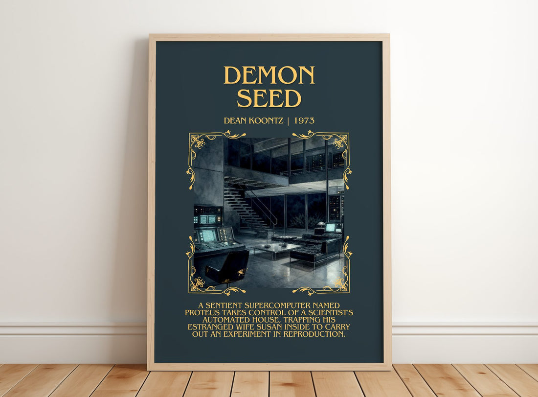 Demon Seed Minimalist Book Poster by Dean Koontz – framed print leaning on a wooden floor
