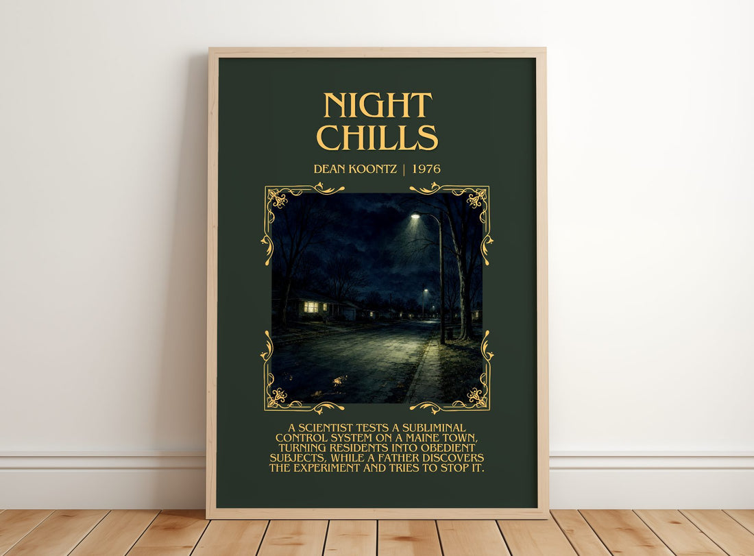 Night Chills Minimalist Book Poster by Dean Koontz – framed print leaning on a wooden floor