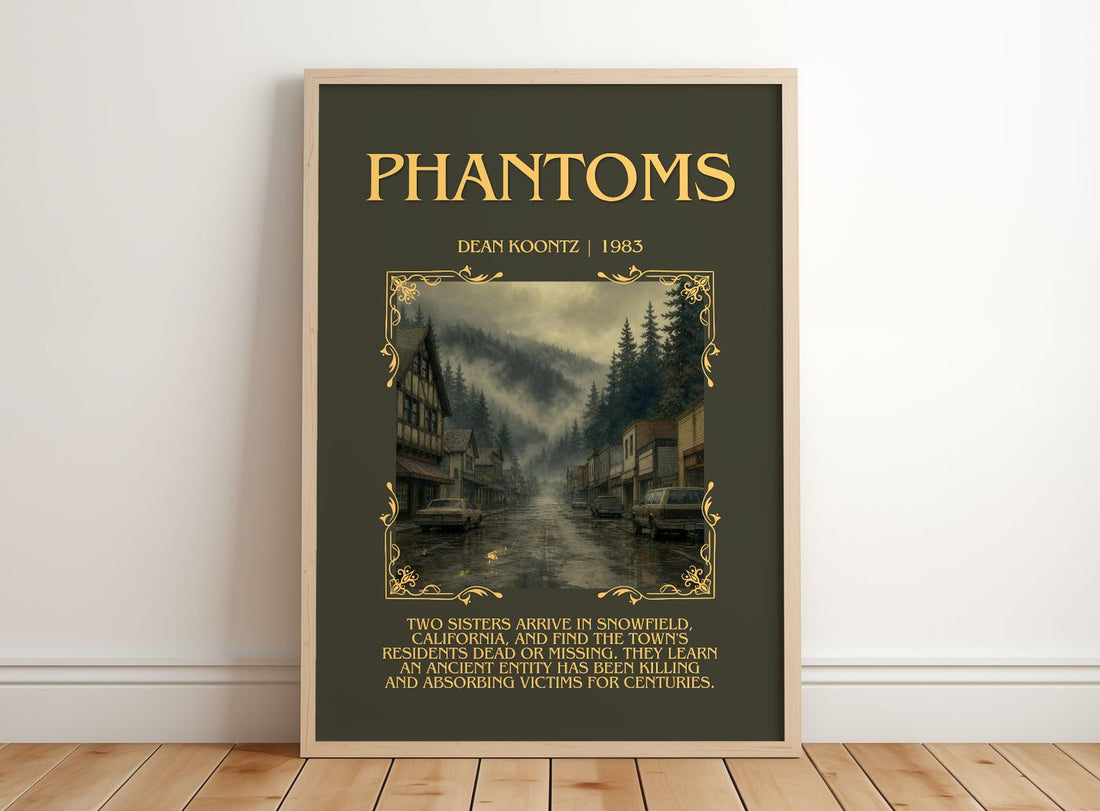 Phantoms Minimalist Book Poster by Dean Koontz – framed print leaning on a wooden floor
