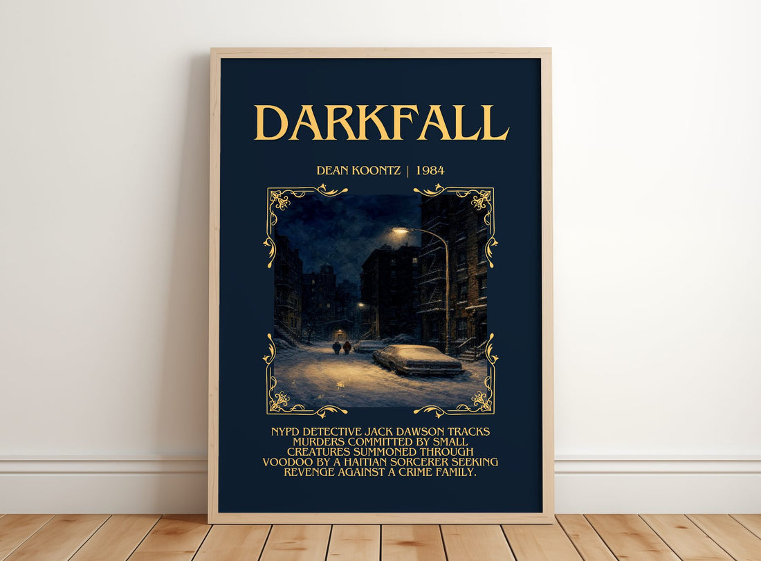 Darkfall Minimalist Book Poster by Dean Koontz – framed print leaning on a wooden floor