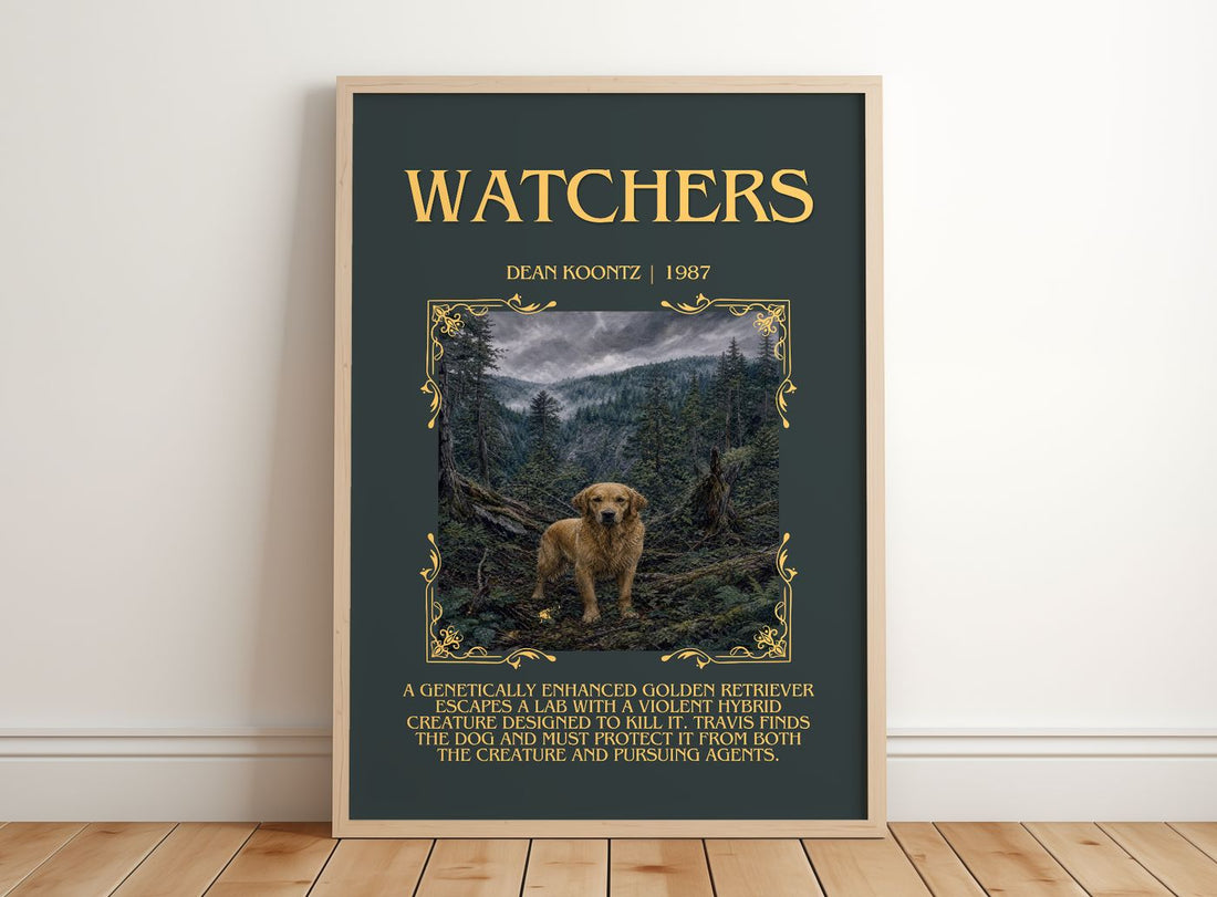 Watchers Minimalist Book Poster by Dean Koontz – framed print leaning on a wooden floor