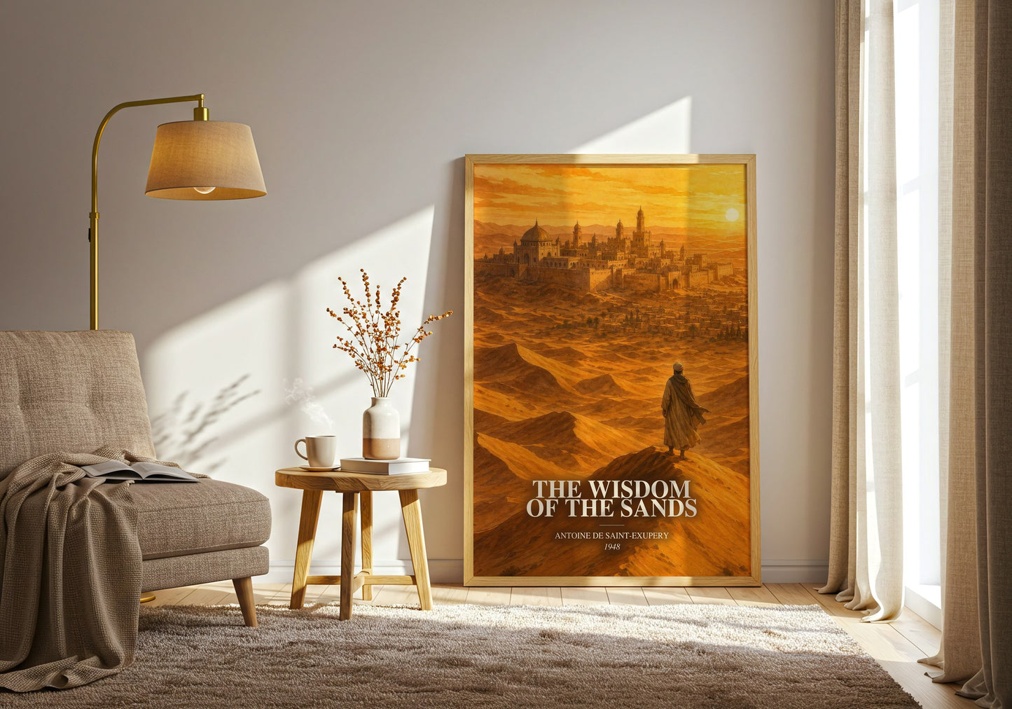 The Wisdom Of The Sands watercolour print in frame leaning in hallway – philosophy wall art