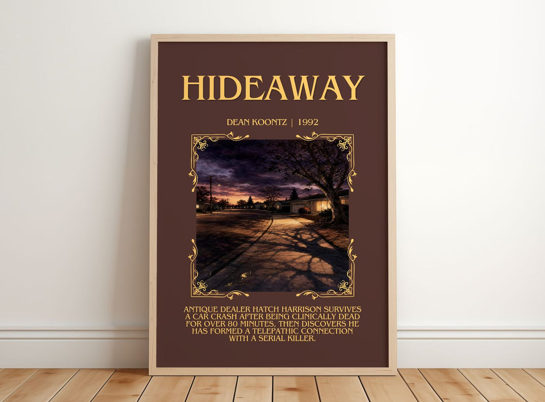 Hideaway Minimalist Book Poster by Dean Koontz – framed print leaning on a wooden floor