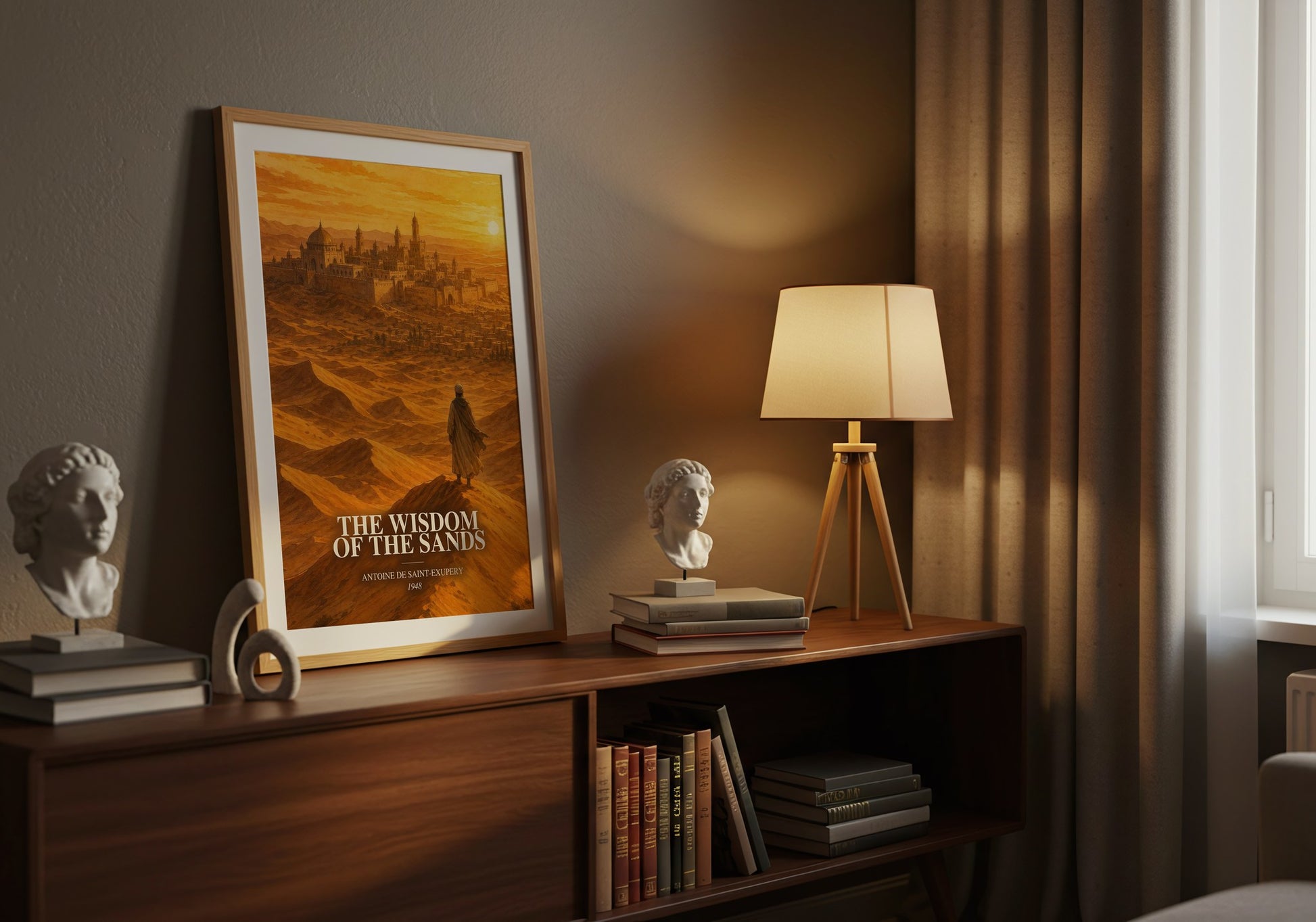 The Wisdom Of The Sands watercolour print on bookshelf – Antoine De Saint-Exupery fan gift