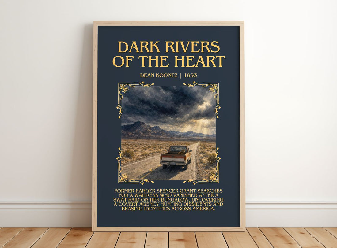 Dark Rivers of the Heart Minimalist Book Poster by Dean Koontz – framed print leaning on a wooden floor
