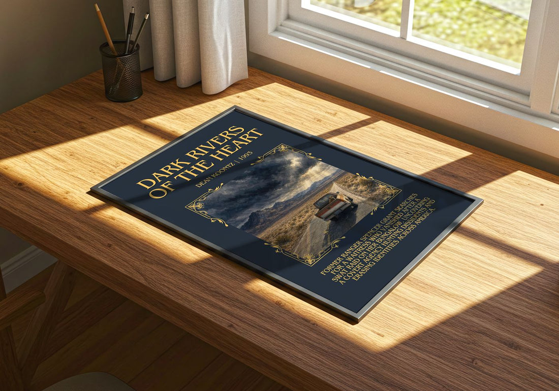 Dark Rivers of the Heart Minimalist Book Poster by Dean Koontz – print on a sunlit desk