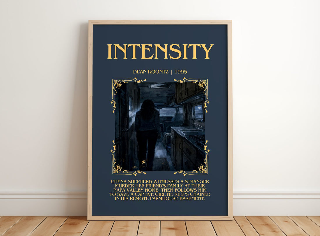 Intensity Minimalist Book Poster by Dean Koontz – framed print leaning on a wooden floor