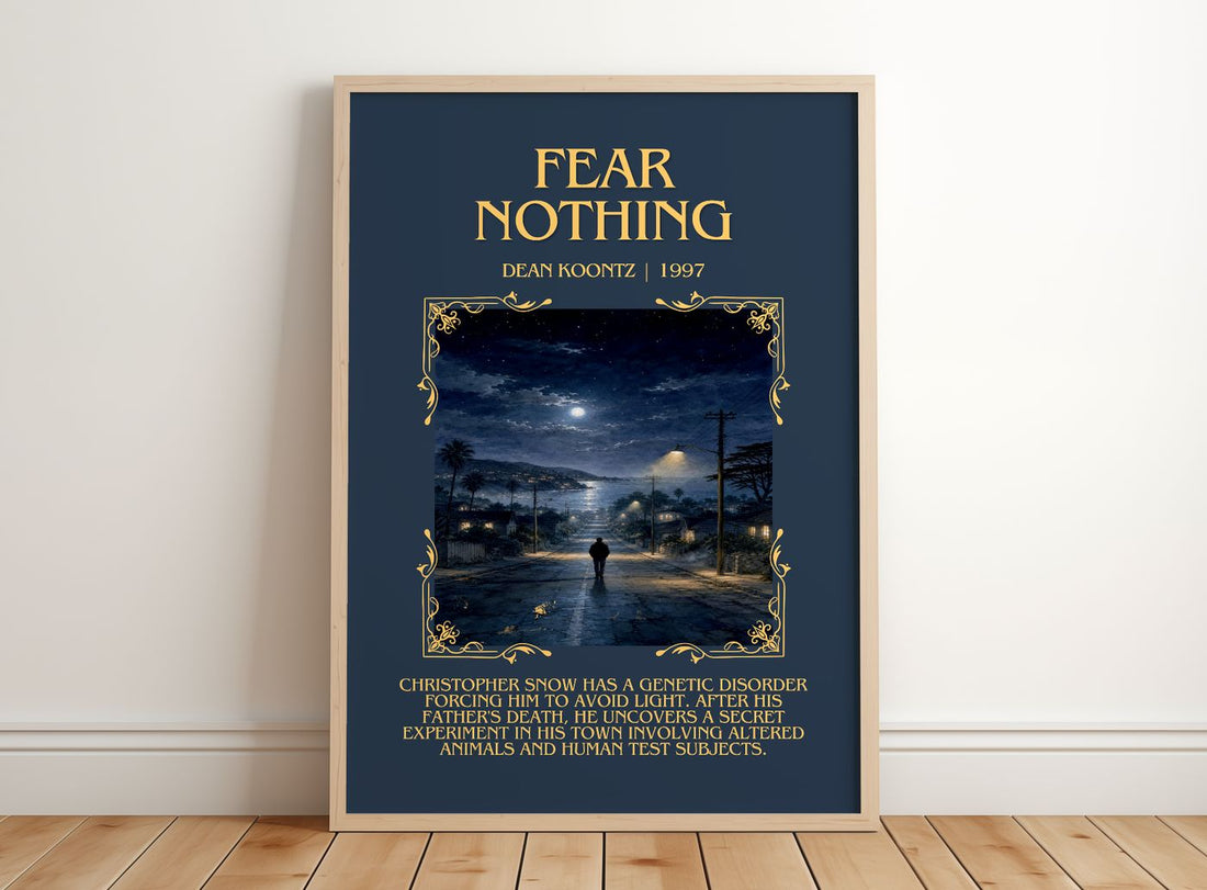 Fear Nothing Minimalist Book Poster by Dean Koontz – framed print leaning on a wooden floor