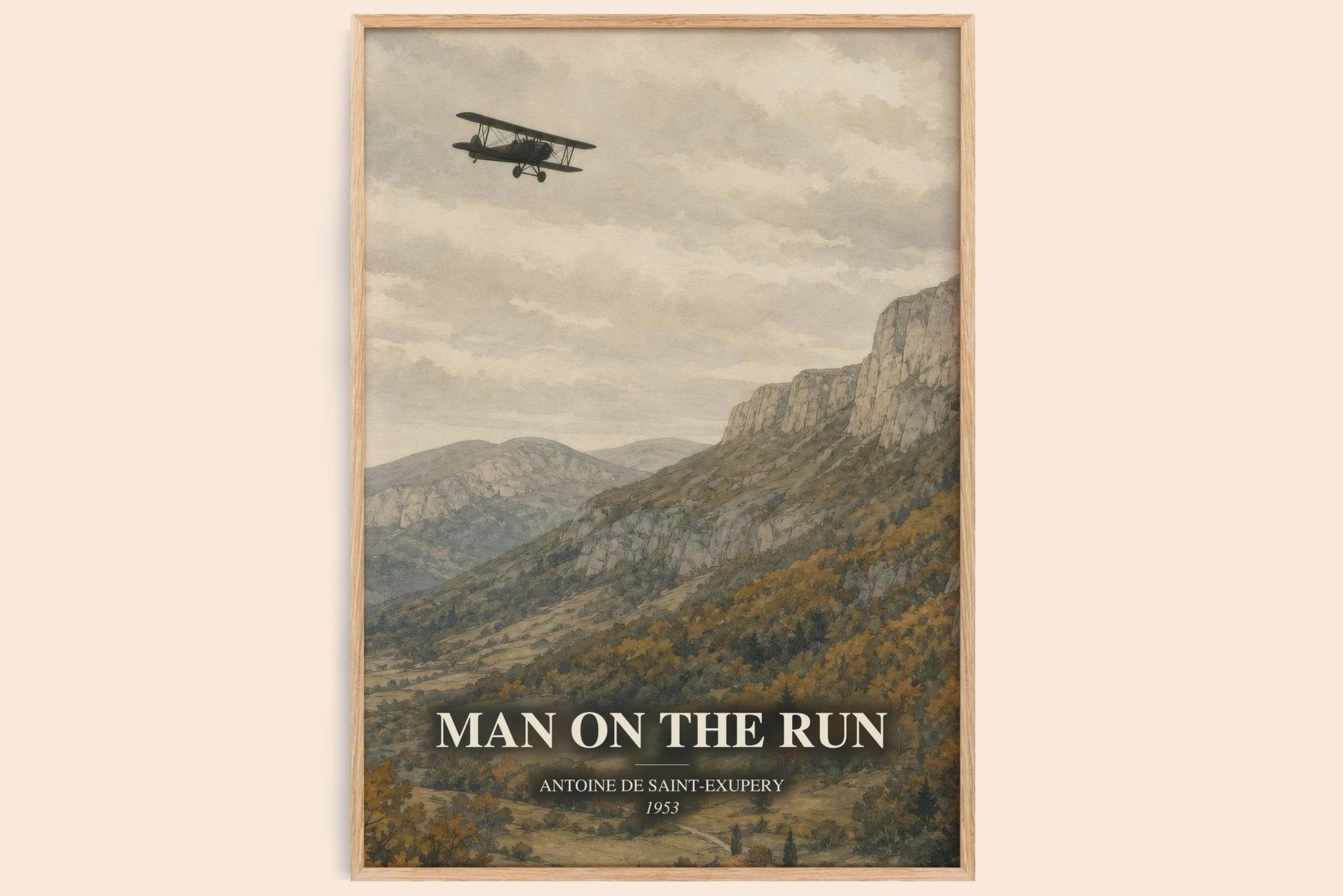 Man On The Run watercolour book poster by Antoine De Saint-Exupery – framed literary art print