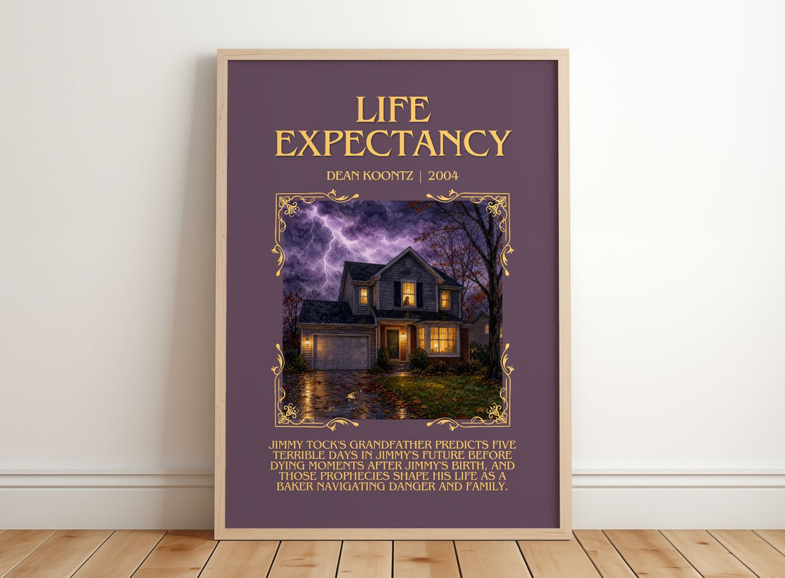 Life Expectancy Minimalist Book Poster by Dean Koontz – framed print leaning on a wooden floor
