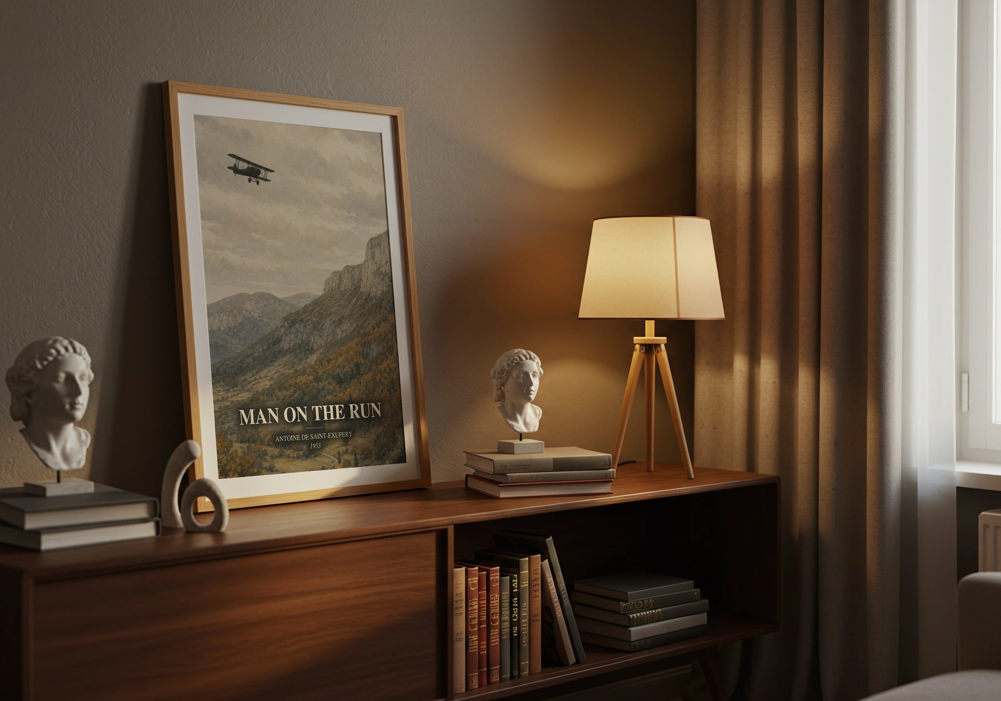 Man On The Run watercolour print on bookshelf – Antoine De Saint-Exupery fan gift