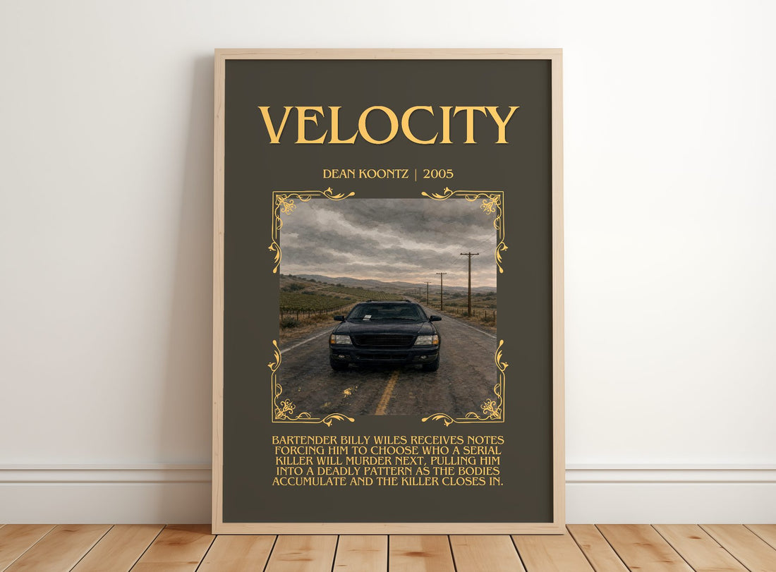 Velocity Minimalist Book Poster by Dean Koontz – framed print leaning on a wooden floor