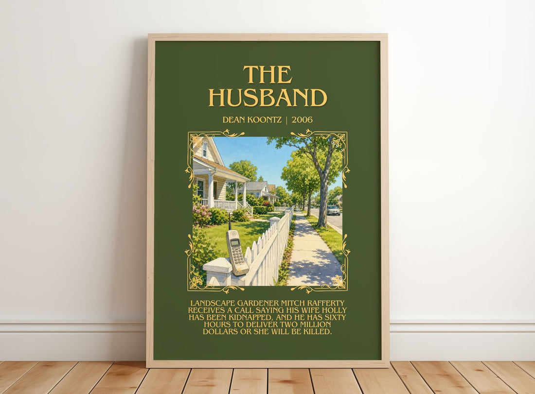The Husband Minimalist Book Poster by Dean Koontz – framed print leaning on a wooden floor