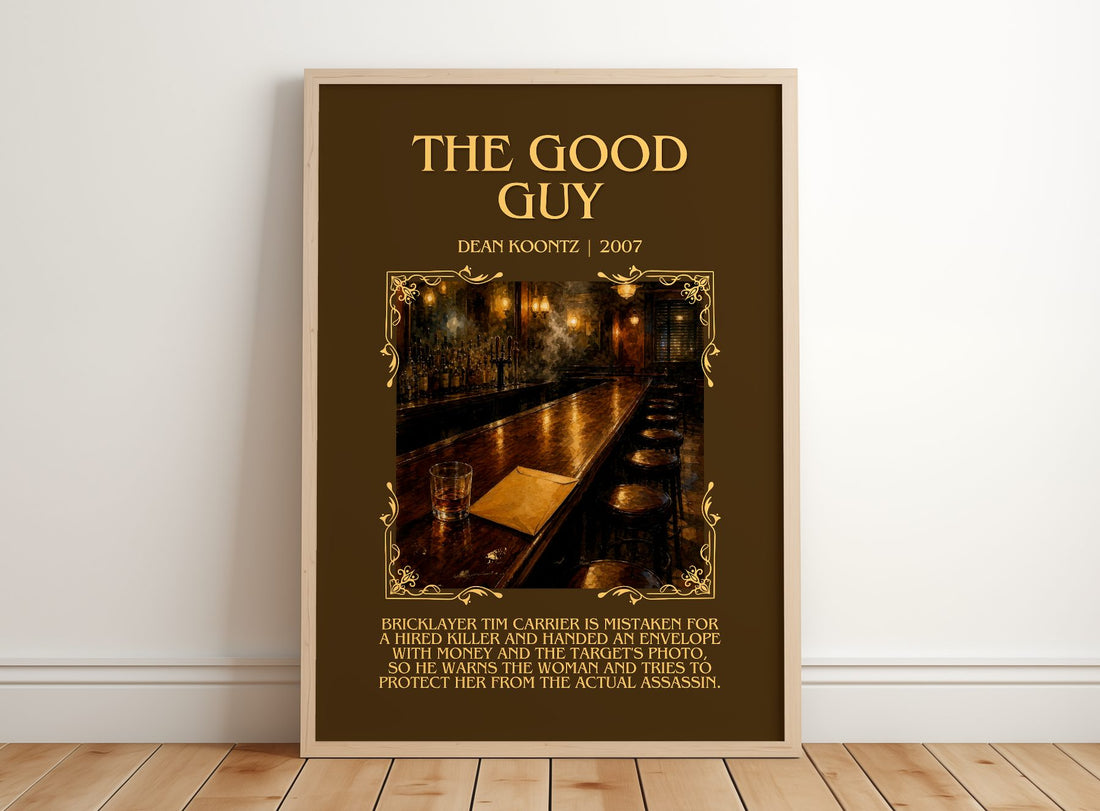The Good Guy Minimalist Book Poster by Dean Koontz – framed print leaning on a wooden floor