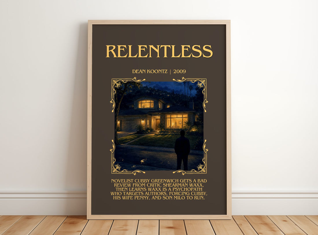 Relentless Minimalist Book Poster by Dean Koontz – framed print leaning on a wooden floor