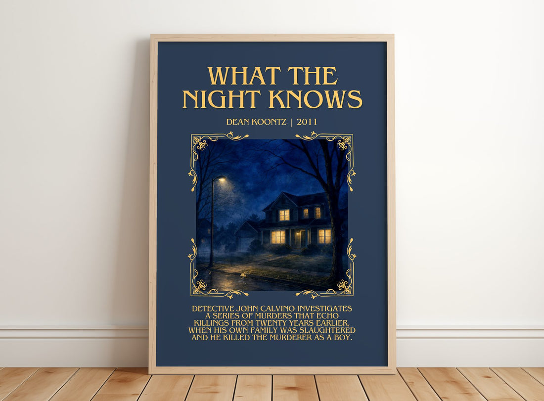 What the Night Knows Minimalist Book Poster by Dean Koontz – framed print leaning on a wooden floor