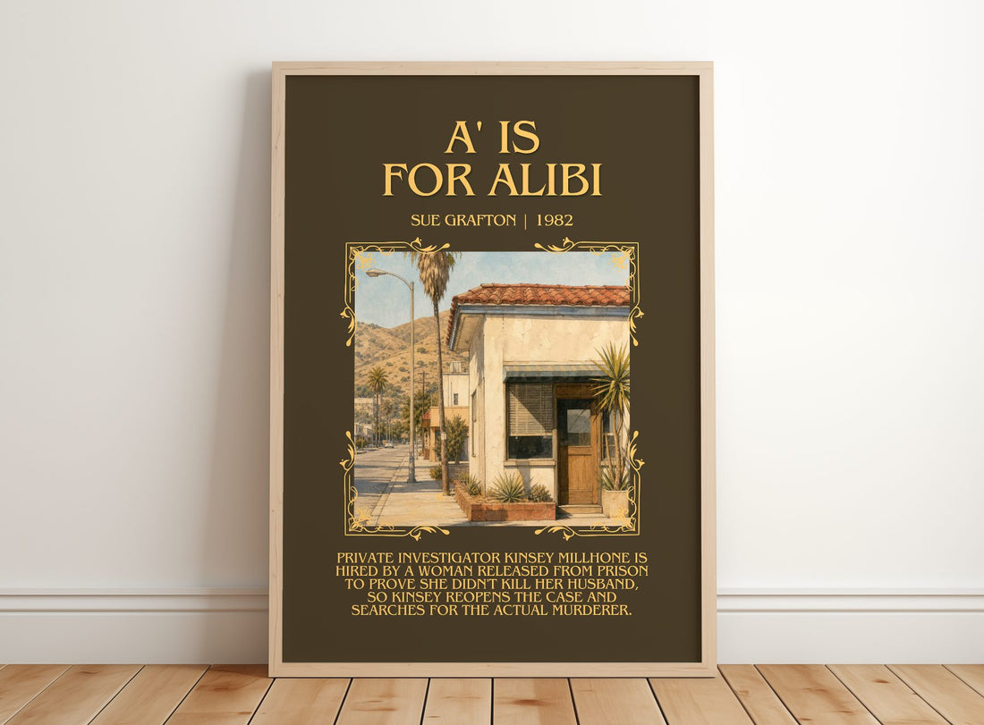 A' Is for Alibi Minimalist Book Poster by Sue Grafton – framed print leaning on a wooden floor