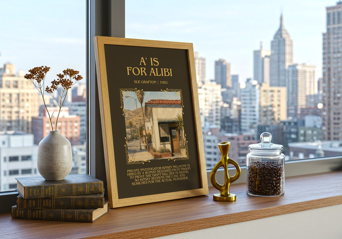 A' Is for Alibi Minimalist Book Poster by Sue Grafton – framed print on a city-view windowsill