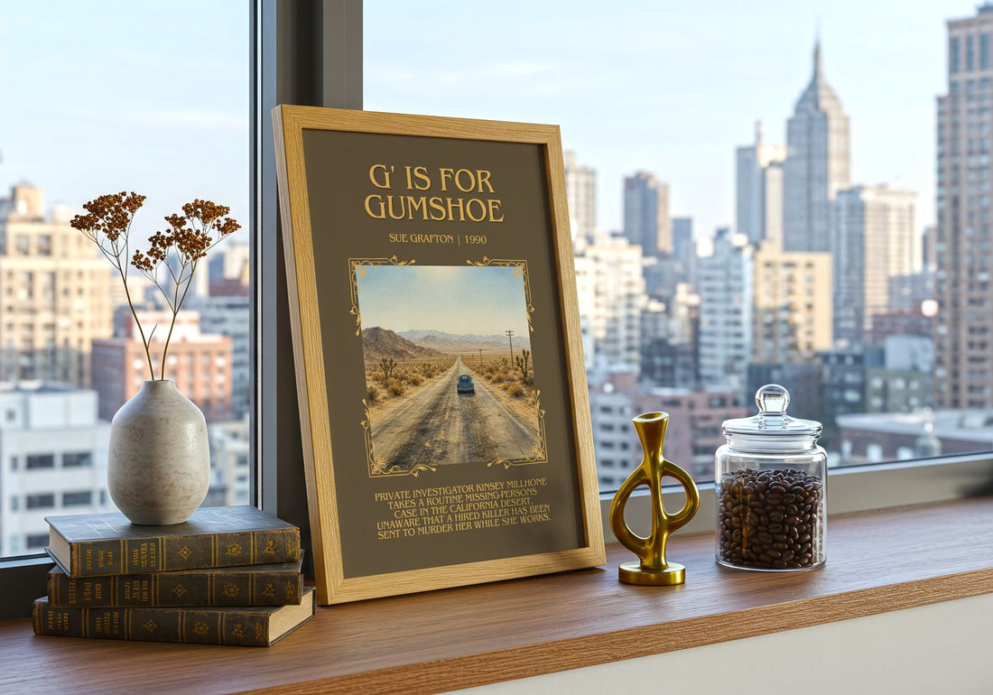 G' Is for Gumshoe Minimalist Book Poster by Sue Grafton – framed print on a city-view windowsill