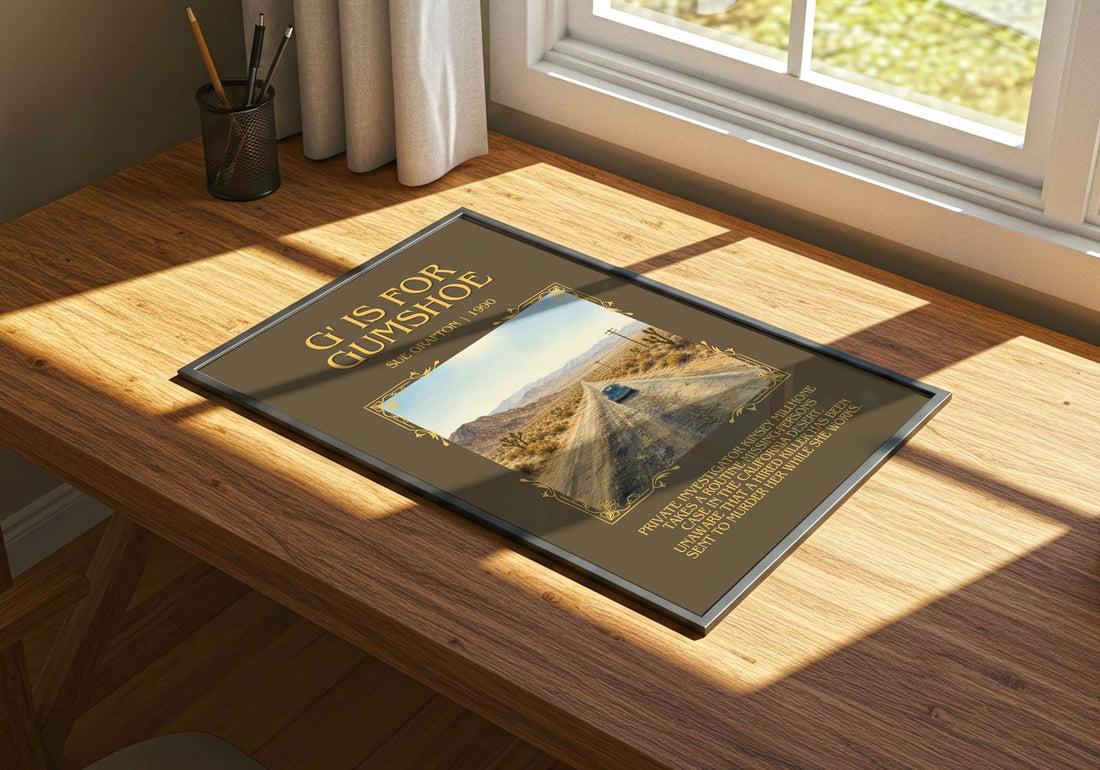 G' Is for Gumshoe Minimalist Book Poster by Sue Grafton – print on a sunlit desk