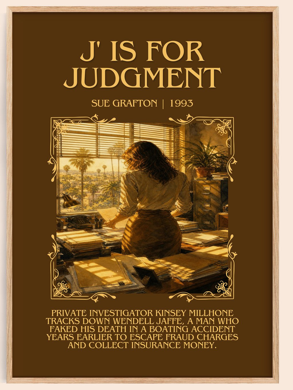 J' Is for Judgment Minimalist Book Poster by Sue Grafton – book poster