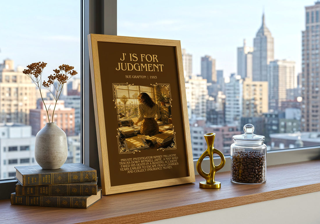 J' Is for Judgment Minimalist Book Poster by Sue Grafton – framed print on a city-view windowsill