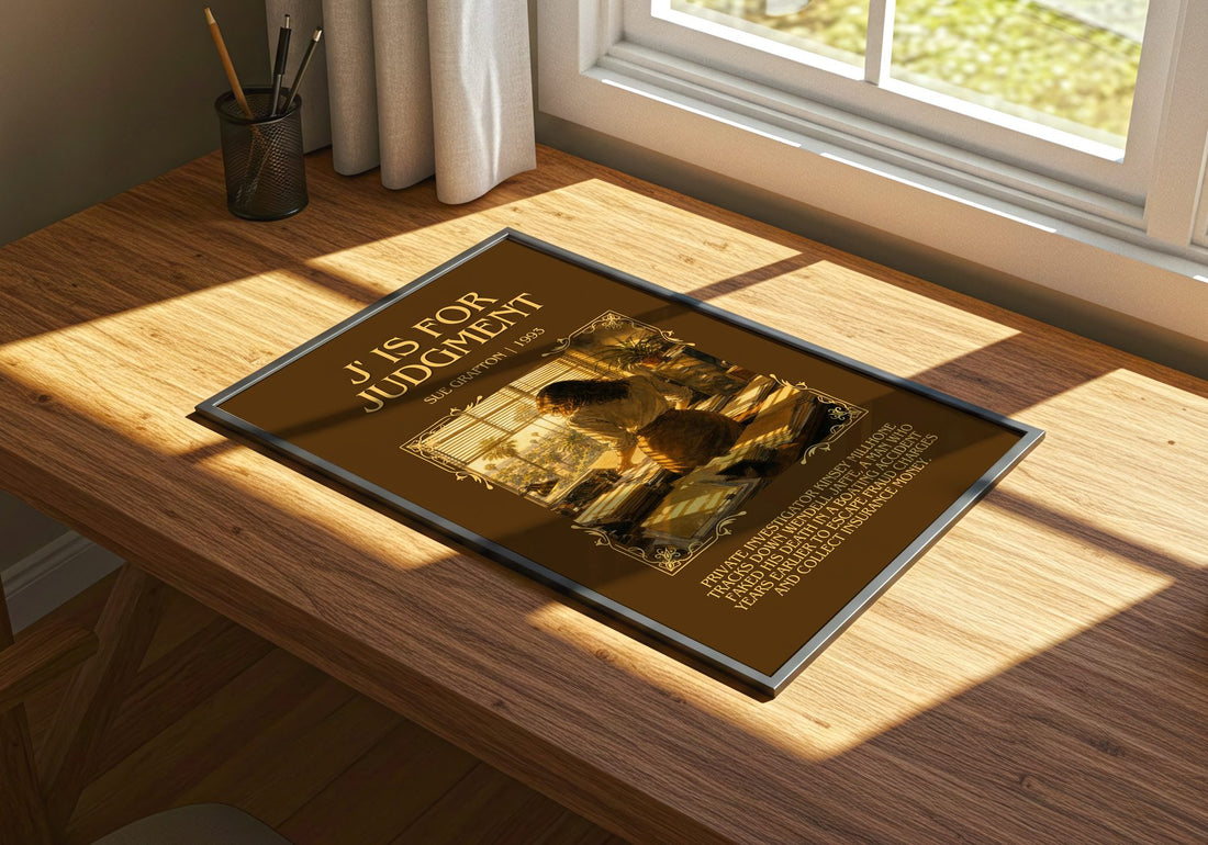 J' Is for Judgment Minimalist Book Poster by Sue Grafton – print on a sunlit desk